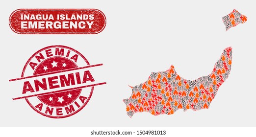 Vector collage of firestorm Inagua Islands map and red round textured Anemia seal stamp. Emergency Inagua Islands map mosaic of fire, energy hazard elements.