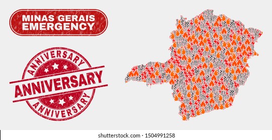 Vector collage of firestorm Minas Gerais State map and red round textured Anniversary seal. Emergency Minas Gerais State map mosaic of wildfire, energy shock icons.