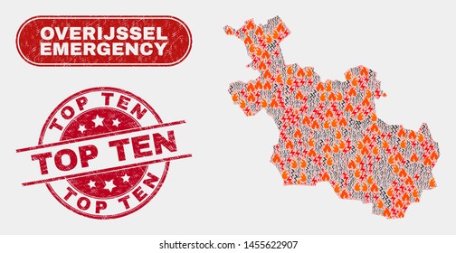 Vector collage of firestorm Overijssel Province map and red rounded grunge Top Ten stamp. Emergency Overijssel Province map mosaic of destruction, electric hazard symbols.