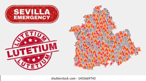 Vector collage of firestorm Sevilla Province map and red round scratched Lutetium seal. Emergency Sevilla Province map mosaic of burning, energy lightning symbols.