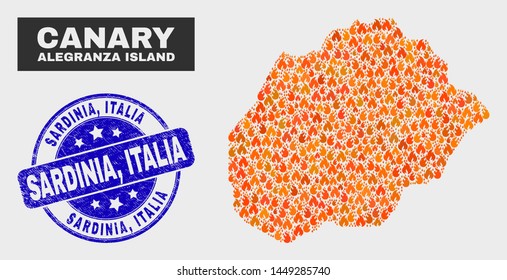 Vector collage of flame Alegranza Island map and blue round distress Sardinia, Italia seal. Fiery Alegranza Island map mosaic of flame icons. Vector collage for safety services, and Sardinia,