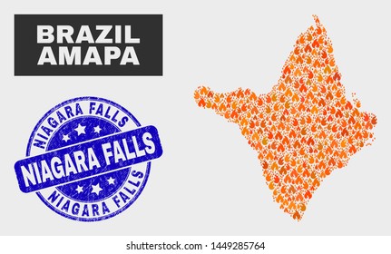 Vector collage of flame Amapa state map and blue round scratched Niagara Falls seal stamp. Fiery Amapa state map mosaic of flame icons. Vector combination for fire protection services,
