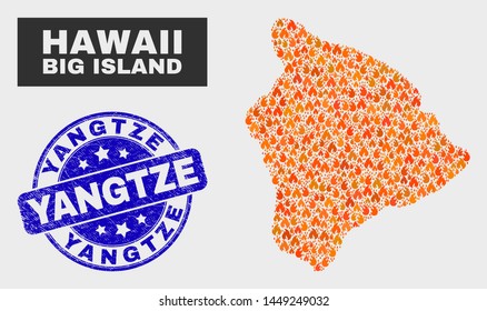 Vector collage of flame Hawaii Big Island map and blue rounded textured Yangtze seal stamp. Orange Hawaii Big Island map mosaic of flame symbols. Vector combination for fire protection services,