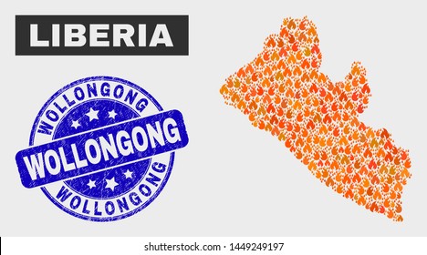 Vector collage of flame Liberia map and blue round scratched Wollongong seal stamp. Orange Liberia map mosaic of flame items. Vector collage for insurance services, and Wollongong stamp.