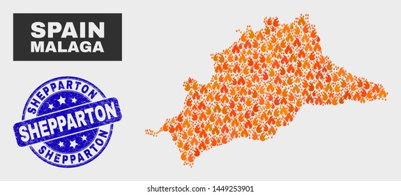 Vector collage of flame Malaga Province map and blue rounded distress Shepparton seal stamp. Orange Malaga Province map mosaic of fire items. Vector collage for fire protection services,