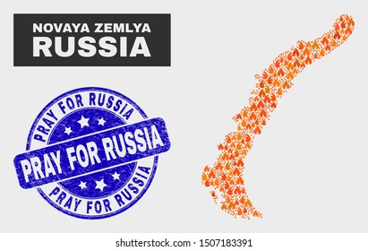 Vector collage of flame Novaya Zemlya Islands map and blue rounded distress Pray for Russia seal. Orange Novaya Zemlya Islands map mosaic of flame elements. Vector collage for insurance services,