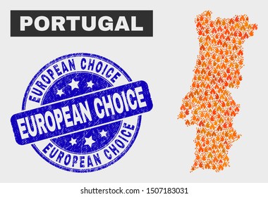 Vector collage of flame Portugal map and blue round distress European Choice seal. Fiery Portugal map mosaic of flame icons. Vector composition for emergency services, and European Choice seal stamp.