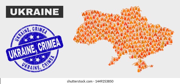 Vector collage of flame Ukraine map and blue rounded distress Ukraine, Crimea watermark. Orange Ukraine map mosaic of flame icons. Vector collage for emergency services, and Ukraine, Crimea imprint.