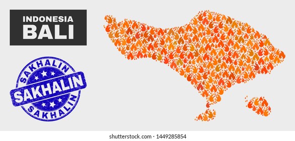 Vector collage of flamed Bali map and blue rounded grunge Sakhalin seal stamp. Fiery Bali map mosaic of flame elements. Vector collage for fire protection services, and Sakhalin seal stamp.
