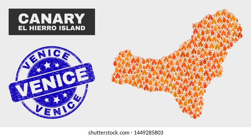Vector collage of flamed El Hierro Island map and blue round distress Venice stamp. Orange El Hierro Island map mosaic of flame symbols. Vector collage for emergency services,