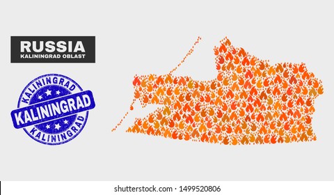 Vector collage of flamed Kaliningrad Region map and blue round distress Kaliningrad watermark. Orange Kaliningrad Region map mosaic of flame items. Vector collage for emergency services,