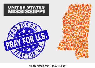 Vector collage of flamed Mississippi State map and blue rounded textured Pray for U.S. stamp. Orange Mississippi State map mosaic of fire elements. Vector collage for insurance services,