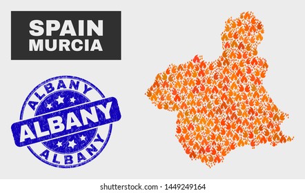 Vector collage of flamed Murcia Province map and blue rounded textured Albany seal stamp. Orange Murcia Province map mosaic of flame items. Vector collage for fire protection services,