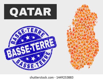 Vector collage of flamed Qatar map and blue rounded scratched Basse-Terre seal. Fiery Qatar map mosaic of fire elements. Vector composition for guard services, and Basse-Terre seal stamp.