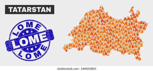 Vector collage of flamed Tatarstan map and blue rounded distress Lome seal. Fiery Tatarstan map mosaic of flame icons. Vector collage for emergency services, and Lome imprint.