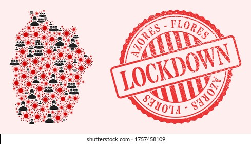 Vector collage Flores Island of Azores map of corona virus, masked men and red grunge lockdown seal stamp. Virus cells and men in masks inside Flores Island of Azores map.