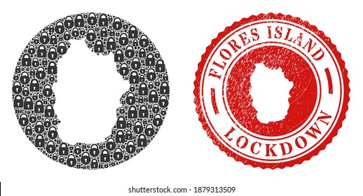 Vector collage Flores Island of Azores map of locks and grunge LOCKDOWN seal stamp. Mosaic geographic Flores Island of Azores map created as subtraction from circle with black locks.