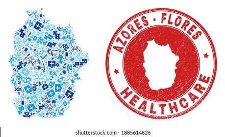 Vector collage Flores Island of Azores map with medical icons, chemical symbols, and grunge doctor rubber imitation.