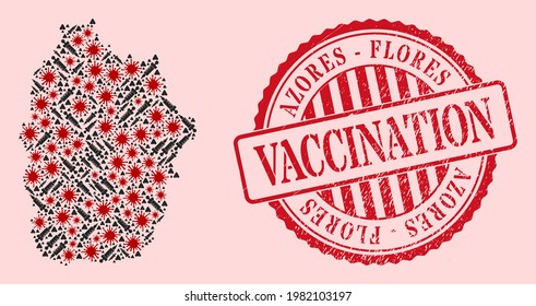 Vector collage Flores Island of Azores map of SARS virus, inoculation icons, and red grunge vaccine seal. Virus elements and inoculation items inside Flores Island of Azores map.