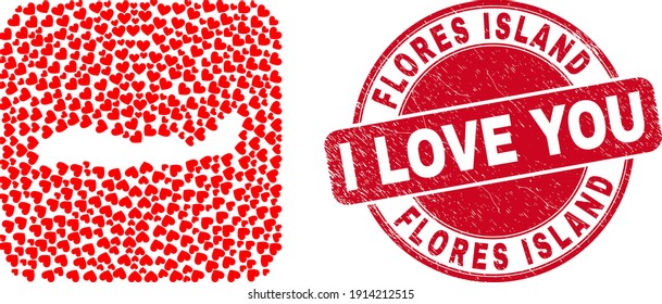 Vector collage Flores Island of Indonesia map of lovely heart items and grunge love seal stamp.