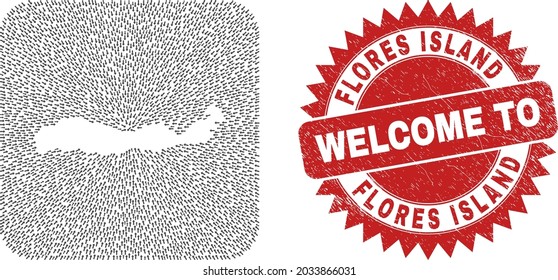 Vector collage Flores Island of Indonesia map of direction arrows and rubber Welcome stamp.
