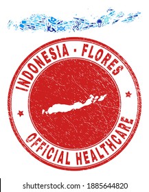 Collage de vectores Flores Islands of Indonesia mapa con íconos de salud, símbolos de laboratorio e impresiones de la atención de salud.