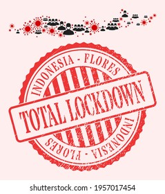 Vector collage Flores Islands of Indonesia map of covid-2019 virus, masked people and red grunge lockdown stamp. Virus particles and people in masks inside Flores Islands of Indonesia map.