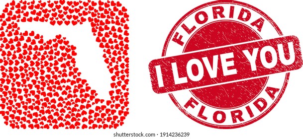 Vector collage Florida State map of love heart items and grunge love stamp. Collage geographic Florida State map created as carved shape from rounded square shape using lovely hearts.