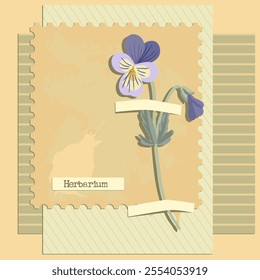 Collage de Vector con flor, viola tricolor, composición creativa, imitación de herbario. plantas silvestres secas