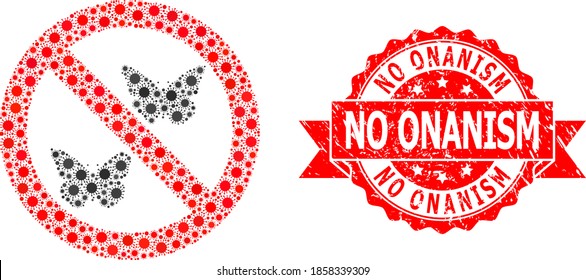 Vector collage forbidden butterflies of virus, and No Onanism scratched ribbon stamp seal. Virus cells inside forbidden butterflies collage. Red stamp seal contains No Onanism tag inside ribbon.