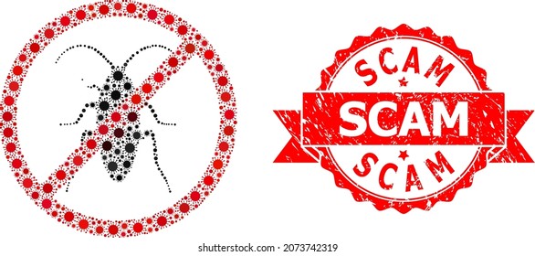 Vector collage forbidden cockroach of virus, and Scam grunge ribbon stamp seal. Virus cells inside forbidden cockroach composition. Red stamp seal includes Scam caption inside ribbon.