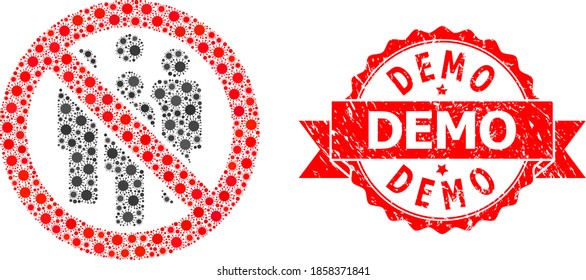 Vector collage forbidden crowd of flu virus, and Demo dirty ribbon stamp seal. Virus items inside forbidden crowd mosaic. Red stamp seal contains Demo tag inside ribbon.