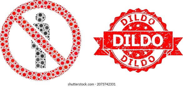 Vector collage forbidden man of covid-2019 virus, and Dildo scratched ribbon seal print. Virus elements inside forbidden man collage. Red stamp seal contains Dildo caption inside ribbon.