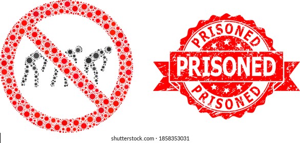 Vector collage forbidden slavery of corona virus, and Prisoned corroded ribbon stamp seal. Virus items inside forbidden slavery mosaic. Red stamp seal has Prisoned text inside ribbon.