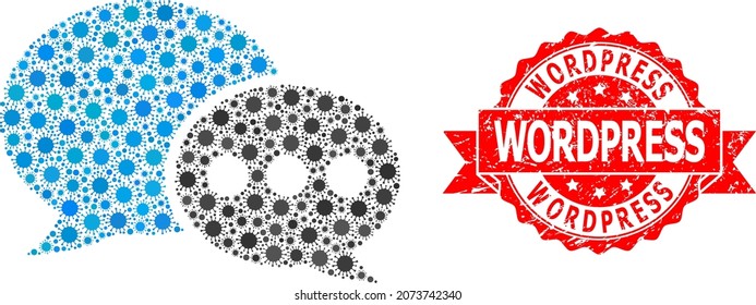 Vector collage forum messages of SARS virus, and Wordpress grunge ribbon stamp seal. Virus items inside forum messages collage. Red stamp seal has Wordpress caption inside ribbon.