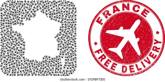 Vector collage France map of aviation items and grunge Free Delivery badge. Collage geographic France map designed as carved shape from rounded square shape with flying out aeroplanes.