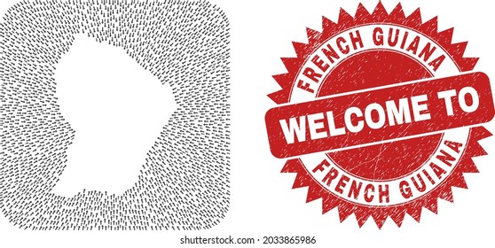 Vector collage French Guiana map of motion arrows and rubber Welcome seal stamp. Collage geographic French Guiana map constructed as carved shape from rounded square shape using navigation arrows.