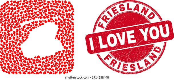 Vector collage Friesland Province map of love heart items and grunge love seal stamp. Mosaic geographic Friesland Province map constructed as stencil from rounded square shape using lovely hearts.