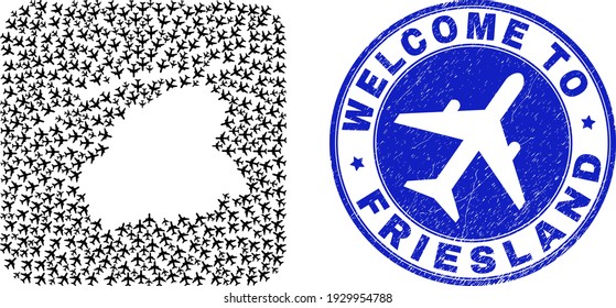 Vector collage Friesland Province map of aircraft items and grunge Welcome seal stamp. Collage geographic Friesland Province map created as hole from rounded square shape with air planes.
