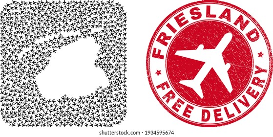 Vector collage Friesland Province map of airliner elements and grunge Free Delivery badge. Collage geographic Friesland Province map designed from rounded square with aircraft flying out.