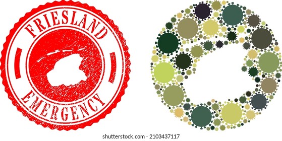 Collage de vectores en la provincia de Friesland Mapa de los ítems de infección por covid y placa de EMERGENCIA gruesa.
