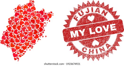 Vector collage Fujian Province map of lovely heart elements and grunge My Love seal. Collage geographic Fujian Province map designed with lovely hearts.