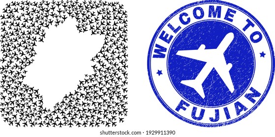 Vector collage Fujian Province map of airport elements and grunge Welcome seal stamp. Collage geographic Fujian Province map constructed as carved shape from rounded square with air flights.