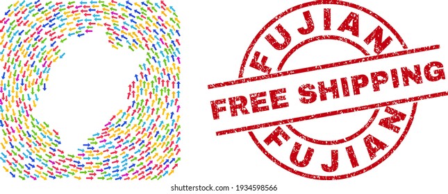 Vector collage Fujian Province map of moving arrows inside rubber Free Shipping seal stamp.