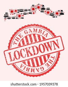 Vector collage the Gambia map of flu virus, masked people and red grunge lockdown seal stamp. Virus items and people in masks inside the Gambia map.