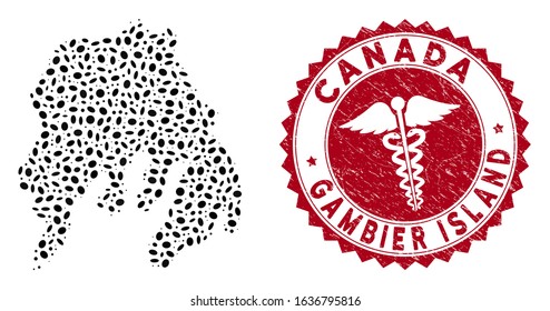 Vector collage Gambier Island map and red rounded distressed stamp seal with serpents sign. Gambier Island map collage formed with ellipse items. Red rounded medicine seal stamp,