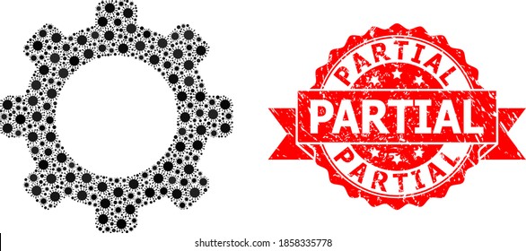 Vector collage gear of coronavirus, and Partial rubber ribbon stamp seal. Virus elements inside gear collage. Red stamp includes Partial caption inside ribbon.