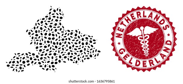 Vector collage Gelderland Province map and red rounded rubber stamp seal with medicine sign. Gelderland Province map collage created with elliptic items. Red round medicine seal stamp,