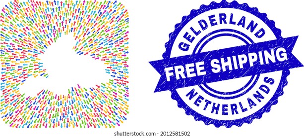 Vector collage Gelderland Province map of navigation arrows and scratched Free Shipping stamp. Collage Gelderland Province map created as carved shape from rounded square shape with leaving arrows.