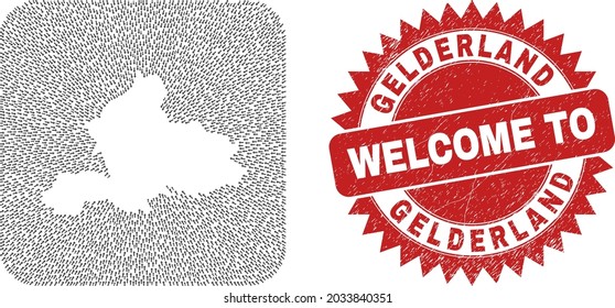 Vektor sammelt Gelderland Provinz Karte der Navigationspfeile und Gummi Begrüßungssiegel. Landkarte der Provinz Gelderland Collage erstellt als Subtraktion von abgerundeten quadratischen Formen mit Richtungsreihen.